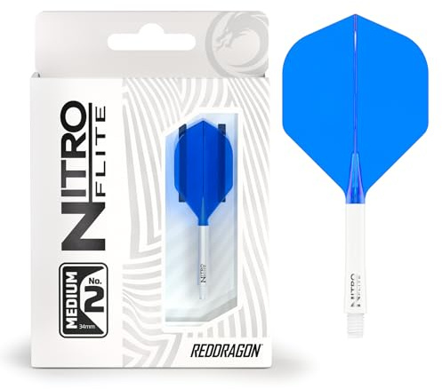 RED DRAGON Darts – Nitro Flite Integrated Flight & Shaft System – No.2 Shape and Design – White & Blue Colour, Medium Length