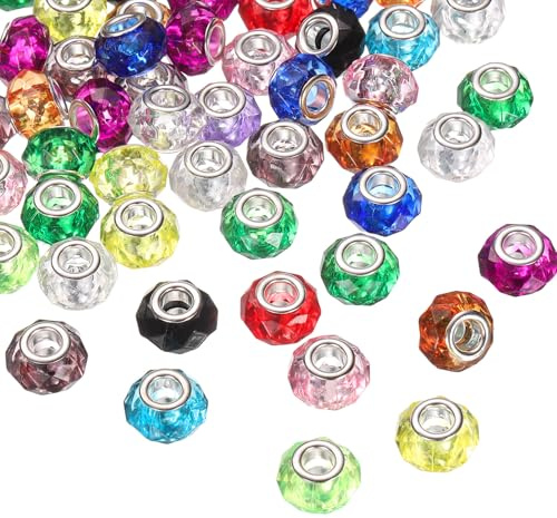 sourcing map 100Pcs 14mm Large Hole Acrylic Beads Mix Color European Loose Round Faceted Rhinestone Craft Bead for DIY Bracelet Necklace Jewelry Making