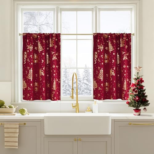 NICETOWN 2 Panels Christmas Cafe Curtains for Kitchen, Red Rod Pocket 29 x 36 Inch Short Curtains for Small Window Treatment, Holiday Xmas Decor Tiers for Bathroom, Dining Room