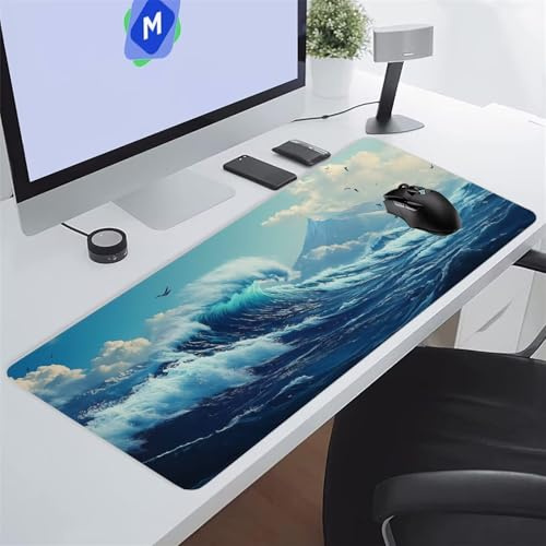 Grand Tapis de Souris Gamer 900x400x3 mm Vagues L'Océan Tapis de Souris Gaming Protecteur de Bureau XXL Lavable Améliore la précision et la Vitesse pour PC Laptop