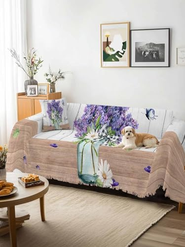 Purple Lavender Sofa Cover Blanket Couch Covers for Armchair Cushion,Couch Sofa Silpcover with Tassel,Spring Floral Daisy Butterfly Leaves Gray Living Room Throw Towel Blanket Covers XX-L 71x150