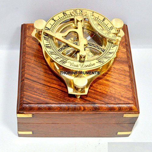 THOR INSTRUMENTS Bussola in ottone anticato con meridiana WEST Londra, articolo nautico con scatola di legno, stile rustico, vintage, decorazione per la casa, idea regalo, 8 cm