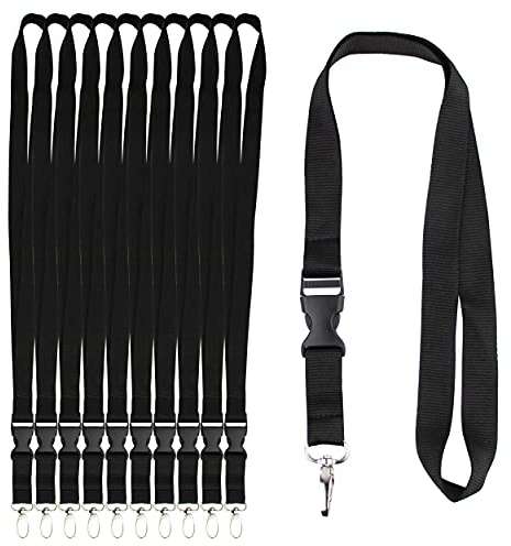 iboo 10 Lanières Tours de cou Noir Porte badge, Cordon avec Boucle Détachable - Porte-clés avec attache clip - Porte carte de visite