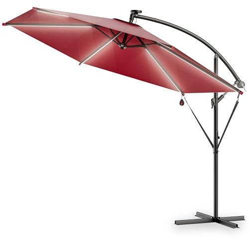 Kingsleeve® Ampelschirm LED Beleuchtung UV Schutz 80+ Solar Ständer Schutzhülle 350cm Groß Kurbel Balkon Terrasse Gartenschirm Sonnenschirm Rot