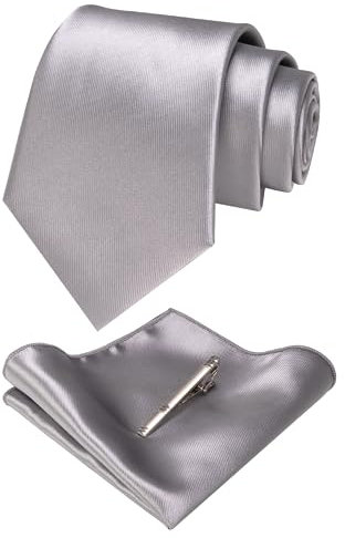 JEMYGINS Silber Grau Krawatten und Einstecktuch Set für Herren seide Krawatte krawattenklammer Seidenkrawatten Hochzeit Schlips(6)