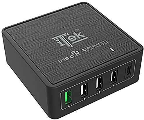 ITEK Caricabatteria da tavolo da 60W, 13.2A(2x3A, 3x2.4A) con 5 porte: 1xUSB-C PD, 3xUSB Smart, 1xQC3.0, Smart IC