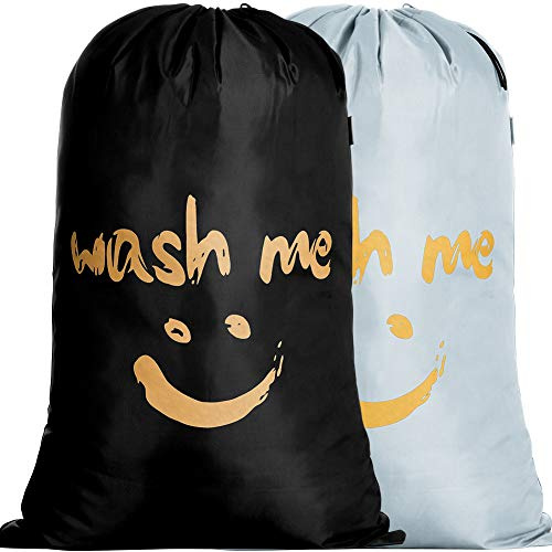 IHOMAGIC 2-pack tvättpåse extra stor 100–120 l, vikbar förvaringsväska med dragsnöre lås, nylonklädväskor för sovrum eller sovsal och resor, gyllene leende tygväska, svart/silver