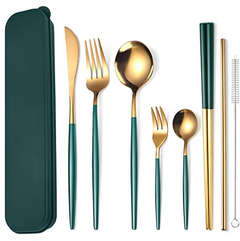 AARAINBOW Stainless Steel Flatware Set for 1, 8 Pieces Utensils Set for Lunch Box, Portable Fork Knife Spoon Set with Case, Reusable Cutlery Set Travel Utensils Set (Green Golden)