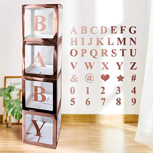 Baby Shower Decoration Boxes Kit, 4 pcs Rose Gold Transparent Balloon Boxes with 30 Letters 10 Numbers 5 Symbols, Baby Blocks for Baby Shower Gender Reveal Backdrop Birthday Party Decor