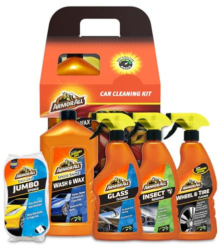 Armor All, 5-Piece Car Cleaning Kit, For Exterior Cleaning, Includes Glass Cleaner, Wash & Wax, Jumbo Sponge, Wheel & Tire Cleaner and Insect Remover, Car Gift Set,Ideal for Car & Motorcycle Detailing