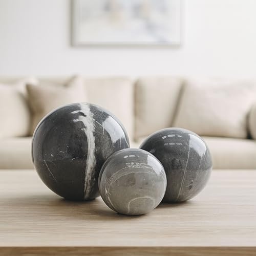 Marble Inspired Orbs for Home Decor - Sphere Sculptures for Bathroom Counter, Office, Living Room, and Shelf Styling - Round Ornament for Coffee Table and Tabletop - Set of 3, 6, 5, 4, Gray