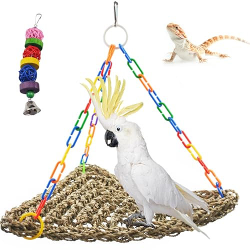 MUYG Large Seagrass Mat for Birds,16x12.2x13.4 Triangle Cockatiel Seagrass Hammock Natural Woven Sea Grass Mats for Birds,Parrot Foraging Grass Swing Toys for Medium Parakeets Lovebirds Cockatoos