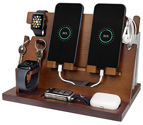 Geschenke für Männer Weihnachten Holz Telefon Dockingstation Uhren Geldbörsen Nachttisch Organizer Geburtstag Geschenk Papa, Geburtstagsgeschenke für Männer oder Vater Schreibtisch Organizer Holz