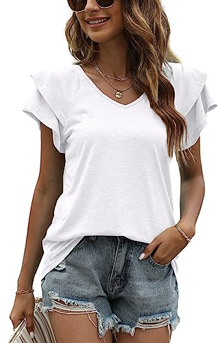 Decorie Tee Shirt Femme Ete Col V Chemisiers et Blouses à Manches Courtes à Volants pour Femme Blanc L