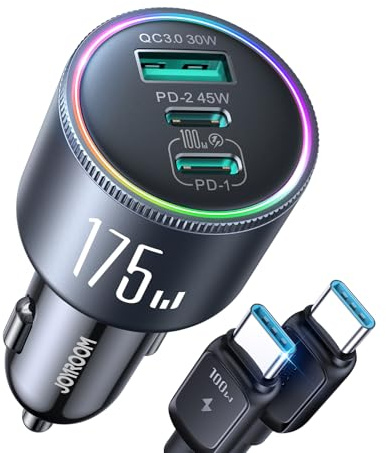 JOYROOM 175W Car Charger USB C Fast Charge [GaN] 3-Port Car Cigarette Lighter Adapter with USBC Cable, Super Fast Car Charger USB C for iPhone 17/16/15 Series, Galaxy S26/25, Laptop, Tablet and More