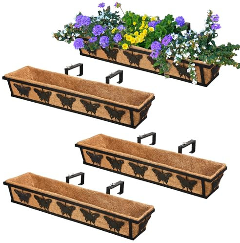TPHUC Blumenkasten-Geländer, 61 cm, schwarzer Metall-Blumenkorb zum Aufhängen, mit Kokosauskleidung für Außenbereich, Balkon, Veranda, Zaun, Terrasse für Zuhause, Büro und Hotel (Schwarz, 4 Stück/Set)