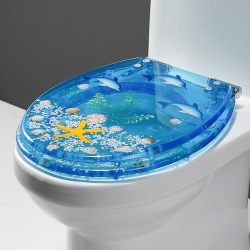Dazzluxe Toilettensitz Aus Kunstharz 16,5 Zoll, WC-Deckel Mit Absenkautomatik, Robuster WC-Sitzbezug Mit Dekorativen 3D-Effekten Der Ocean, Schnellverschlussscharniere Für Einfache Reinigung,Dolphin