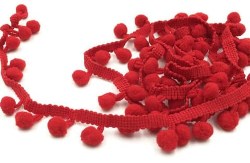 Whakano 20 Yards Pompons Borte zum Basteln,Pomponband Breite 2,5 cm,Bommel Fringe Band,Poms Fransenborte Zierband,für DIY Basteln Kleidung,Vorhänge,Schal,Kostüme,Nähen Dekoration,1,2cm,Rot