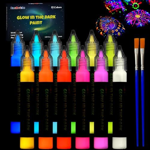 FansArriche Vernice Fluorescente al Buio 12 Colori (20 ml ciascuno), Vernice Neon & 3D per Tessuti, Acrilica Impermeabile per Artisti, Luce UV Nera