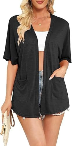 Yommay Cardigans for Women Summer Short Sleeve Open Front Ladies Elegant Cardigan Lightweight Casual Outerwear with Pockets,Black,3XL