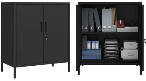 STEELSØN Regulus Aktenschrank abschließbar, Mehrzweckschrank Metall mit 2 Ebenen mit Beinen, Werkzeugschrank mit Doppeltüren inkl. Schloss und Verstellbarer Ablage,Aufbewahrungsschrank schwarz