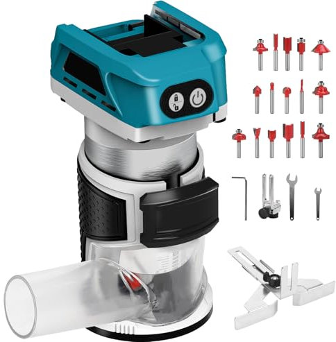 Défonceuse sans fil Makita 18 V, tondeuse à bois 800 W 6 vitesses, guide droit, roue de guidage, 15 embouts fraisage, conduit de poussière