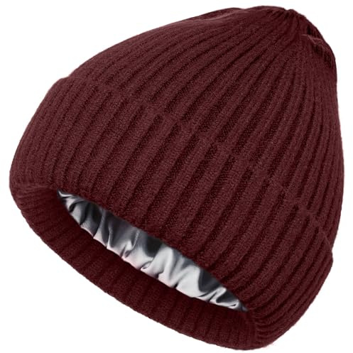 Berretto in lana foderato in raso, per donne e uomini, invernale, freddo, caldo, lavorato a maglia, alla moda, con risvolto, Vinaccia, 6 1/2-7 3/8