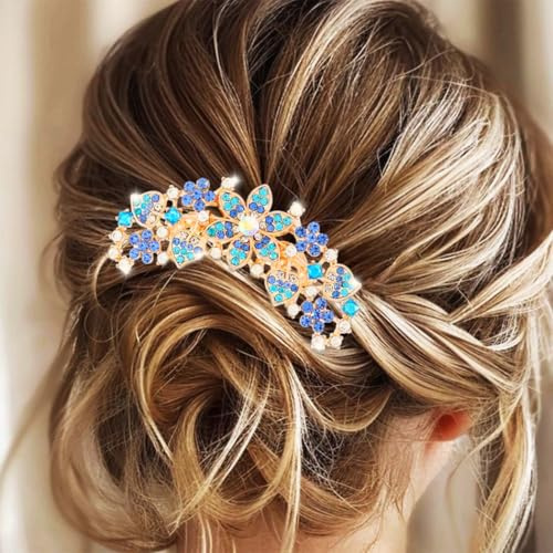 Jovono Haarkamm mit Strass-Blume für die Braut zur Hochzeit, goldene Kristalle, Haarteile für die Braut, Vintage-Haar-Accessoires für Frauen (Blau)
