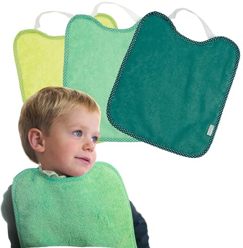 PIROLETE Pack de 3 Baberos Bebé impermeables con goma elástica - Baberos BLW con Rizo de Algodón Suaves y Absorbentes para Guardería - Fáciles de Poner y quitar con tejido Repelente al Líquido