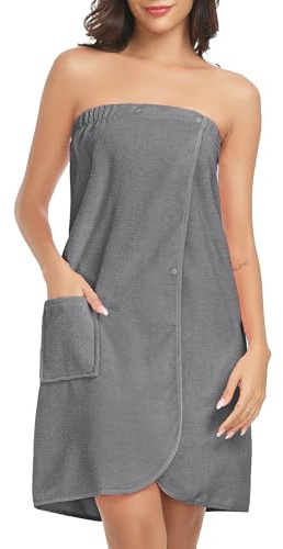 Lovasy Robe Serviette de Bain Femme Peignoir Enveloppant Grande Serviette de Spa avec Boutons Réglables Paréo de Bain Douce Léger Kilt de Sauna avec Poche,A-Gris foncé,S/M