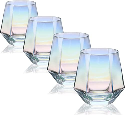 TFixol Lot de 4 verres à pied (283,5 g), verres à pied pour vin rouge et blanc, verres en forme de diamant pour whisky, cocktail, anniversaire, mariage, pendaison de crémaillère, anniversaire, 4