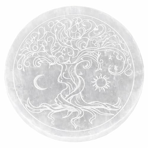 NKlaus Placa redonda de selenita de 13,5 cm con árbol místico, sol y luna grabado, placa de carga espiritual para piedras preciosas, piedra de meditación y regalo 16600