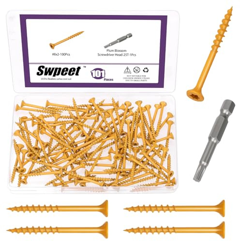 Swpeet 101 tornillos de cubierta caqui #8 x 2 con kit surtido de brocas T25 Star Torx Drive tornillos de cabeza plana, resistentes a la corrosión, tornillos de madera exteriores con revestimiento de