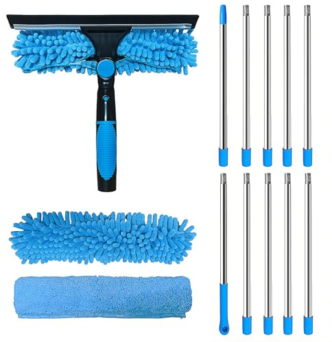 425CM Fensterreiniger mit Teleskopstiel 2-in-1 Professioneller Fensterreinigungsset Silikonabzieher Mikrofaserschrubber, Fensterreinigungsset für Bad, Dusche, Glas, Spiegel, Wand, Auto