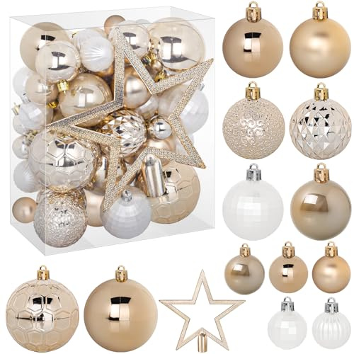 TranquilBliss 50 Pcs Christmas Ornaments Set with Strings, Christmas Ball Ornaments Set with Hanging Strings, Shatterproof Christmas Decorations Ornaments for Xmas Tree (Deep Champagne)