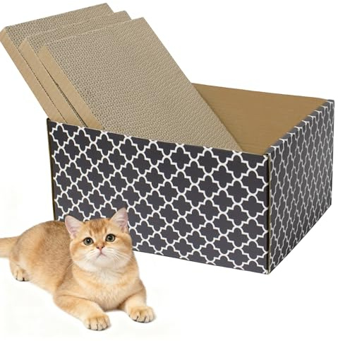 Tagfur Larger Cat Scratcher Box, Heavy Duty Cat Bed with 3Pcs Refillable Double-sided Scratching Board, Cardboard Scratch Pad for Indoor Cats to Rest and Play