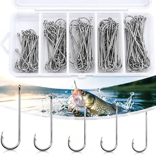 100pcs Aberdeen Sea Fishing Hooks, Large Barbed Long Shank Wide Gape Hooks, High Carbon Steel Light Fishing Hooks, Sizes 1#, 1/0, 2/0, 3/0 (60 Pcs Mixed), for Sea Fishing