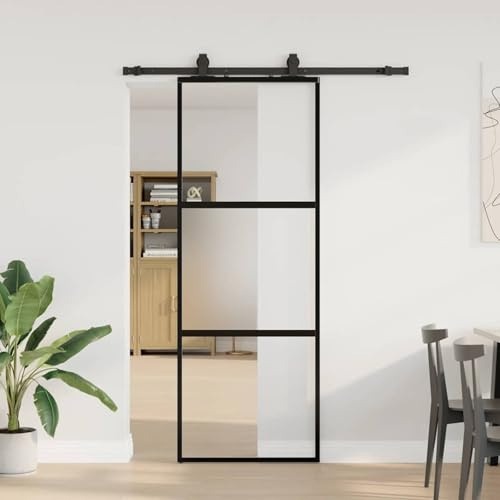 Gecheer Schiebetür mit Beschlag Schwarz 76x205 cm Hartglas, Schiebetüren Einzelne Innentüren für Wohnzimmer Büro Scheunentür Raumteiler3375913