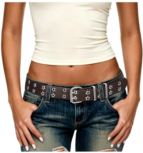 JasGood Damen Punk Gürtel,Y2K Doppelloch Gürtel mit Sternloch Goth Ledergürtel für Jeans Cosplay Hip Hop Rock
