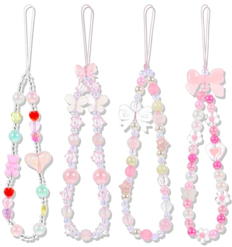 4 Stück Charm Anhänger Phone Perlen Handykette Handyanhänger Niedliche Handy Kette Perlen Rosa Phone Charms Schlüsselband Kette Ästhetische für Handytasche Schlüsselanhänger Kamera Handyschmuck