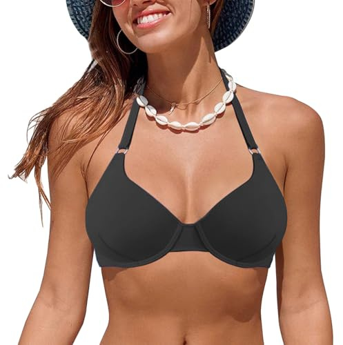 Rayson Top Bikini da Donna Push up Reggiseni Bikini a Triangolare Classico con Scollo a V Allacciatura al Collo（Nero,M