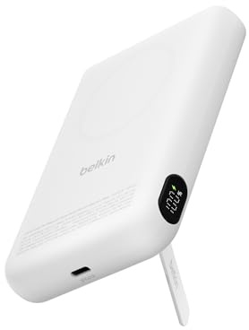 Belkin BoostCharge 10,000mAh Magnetic Power Bank with Kickstand - White | 10K Portable Wireless Charger, Magnetic Ring for Attaching Accessories, USB C Port, Pre-Charged, Cable included, Travel Safe