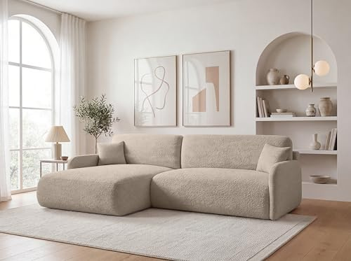 KP-Meble Ecksofa mit Schlaffunktion - 253x175 cm Bouclé Beige – Modernes L-Sofa, Schlafsofa mit Bettkasten, Große Couch mit Stauraum Pierr (Anthology 2, Links)