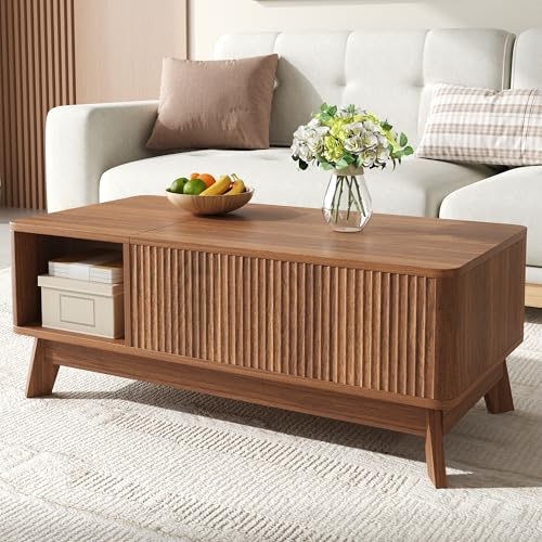 DACHETOU Mesa de centro con función de elevación, 48 x 50 x 95 cm, aspecto ondulado, compartimento lateral abierto, material MDF, estilo moderno, nogal