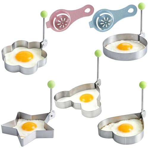 7Pcs Fried Egg Ring, Egg Cooking Rings with Strainers, Non-Stick Pancake Mould for Breakfast Cooking, Kitchen Gadgets for Perfectly Shaped Fried Eggs, Easy to Use and Clean