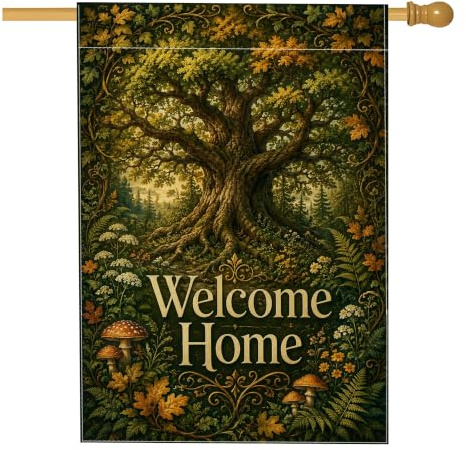 Bandera de casa de árbol, helecho de hongo natural de otoño, verde otoño, arpillera de doble cara, banderas decorativas para porche exterior para césped al aire libre, patio, entrada, 28 x 40 pulgadas