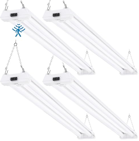 Sunco Motion Sensor 4ft LED Shop Light, Garage Lights Ceiling LED Plug in Fixtures, 40W, 5000K Daylight, Frosted, Motion Activated, Linkable Suspension Mount, ETL 4 Pack