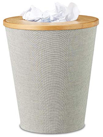 Relaxdays Papierkorb Bambus, runder Abfallkorb mit Inneneimer und magnetisch schließendem Deckel, 35 cm hoch, natur/grau