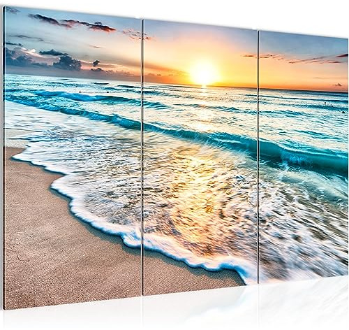 Runa Art Wandbilder Sonnenuntergang Strand Bild XXL Schlafzimmer Wohnzimmer Beige Blau Meer 120 x 80 cm 3 Teilig 023731a