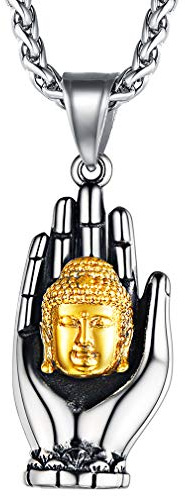 FaithHeart Edelstahl Buddha Kopf Kette Buddhistische Glückskette Buddha in der Hand Schmuck mit Geschenkebox für Herren und Männer